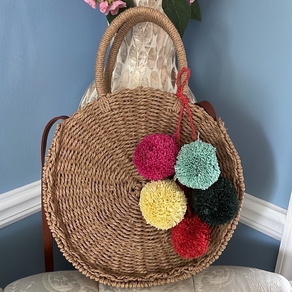 Brand New Olivia Miller Round Straw Multi Color Pom Pom Handbag Crossbody Purse - Picture 5 of 12